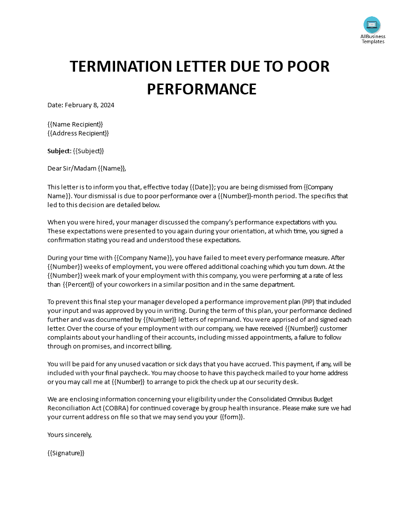 Contract Termination Letter template Due to Poor Performance 模板