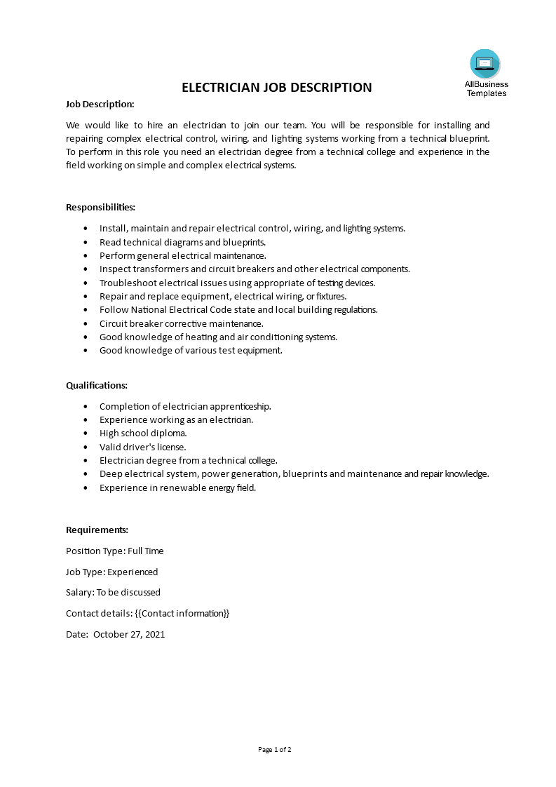 electrician job description template