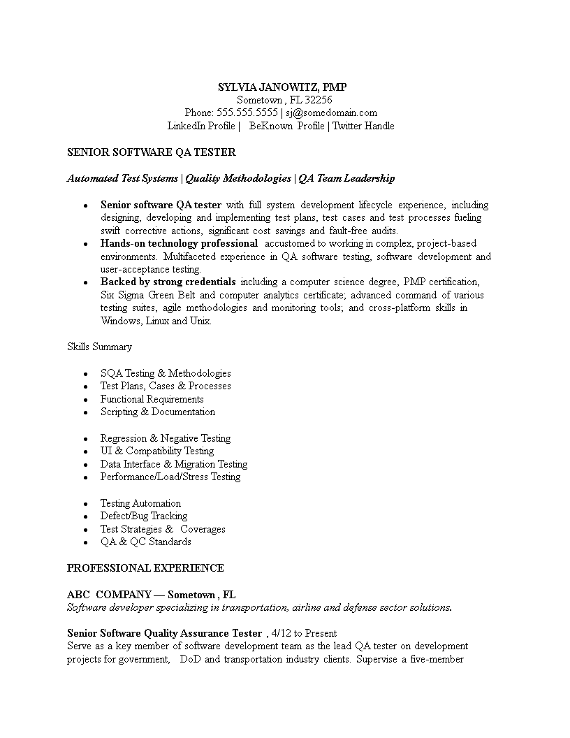 software testing resume format template