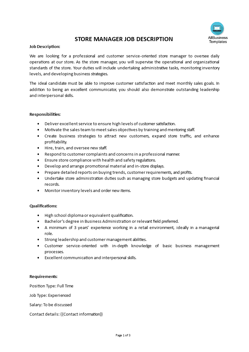 shop manager job description template