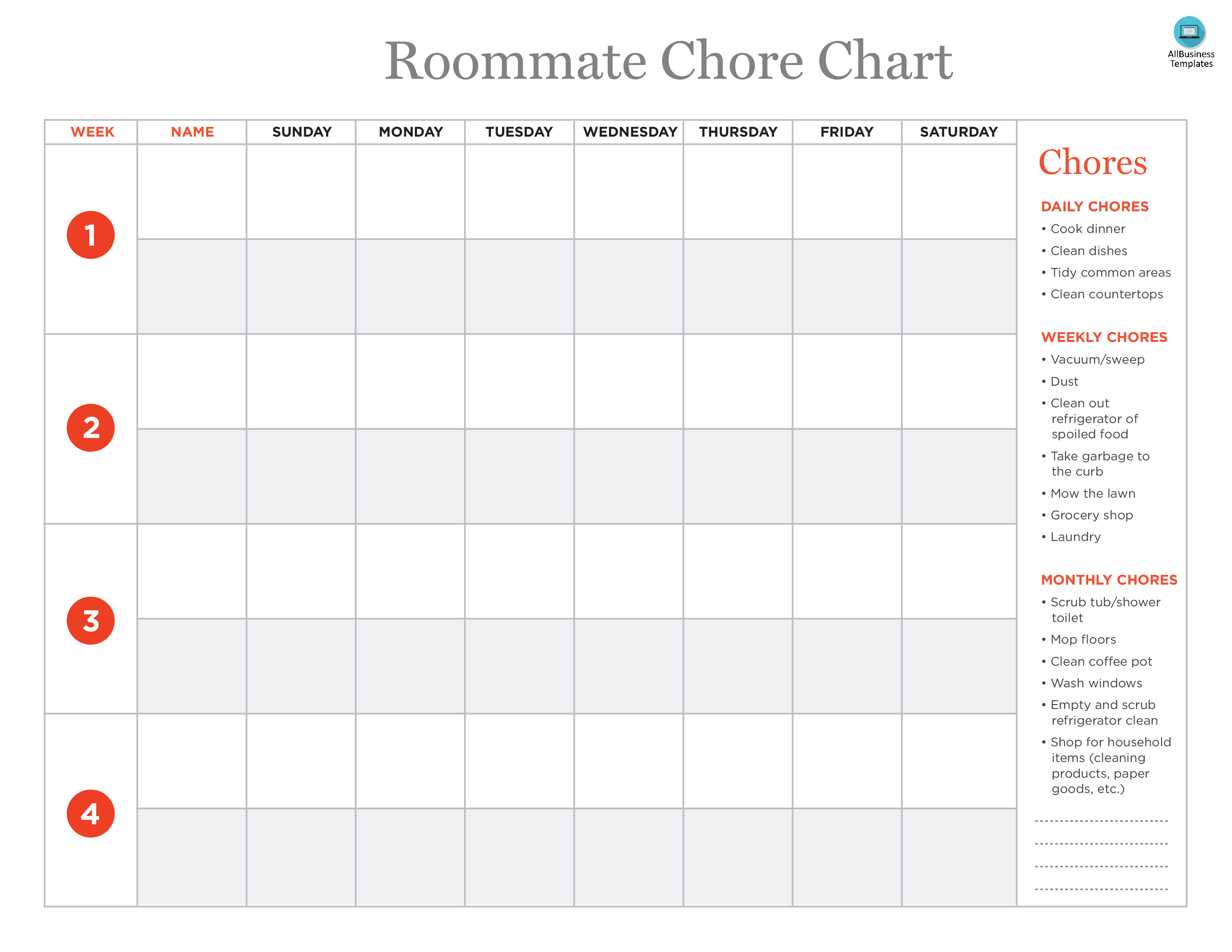 Roommate Chore Chart Template