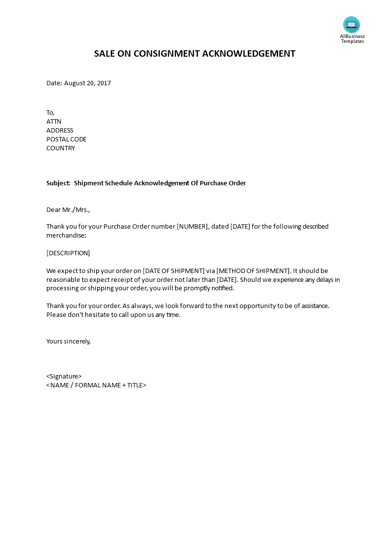 shipment schedule acknowledgement of purchase order template