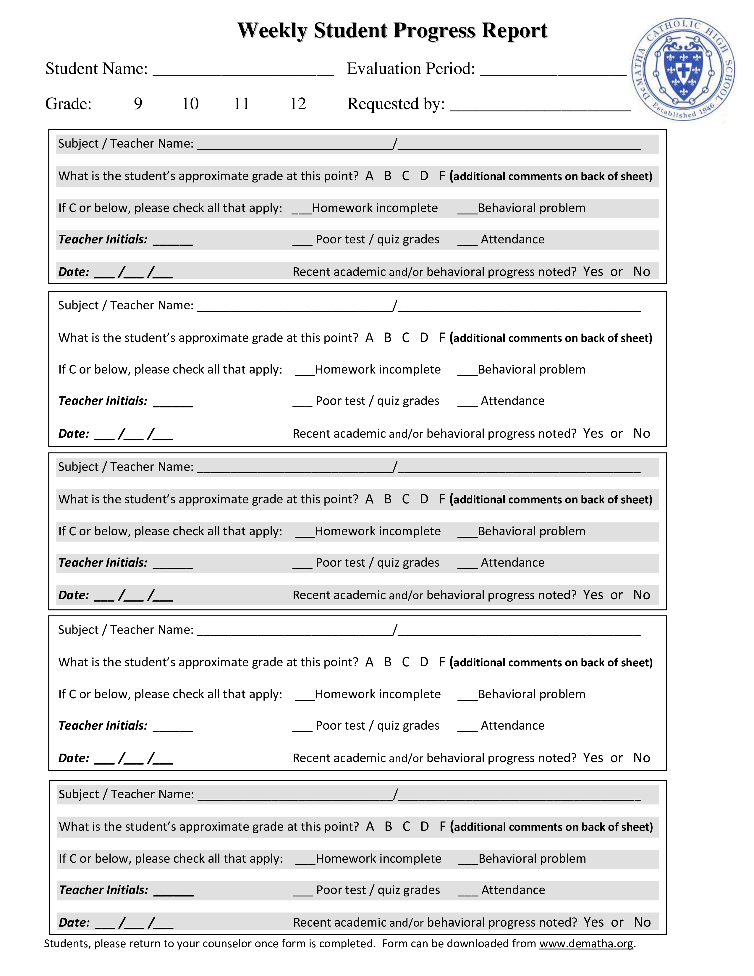 Student Weekly Progress Report 模板