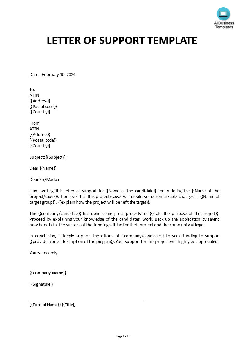 Kostenloses Letter of Support template