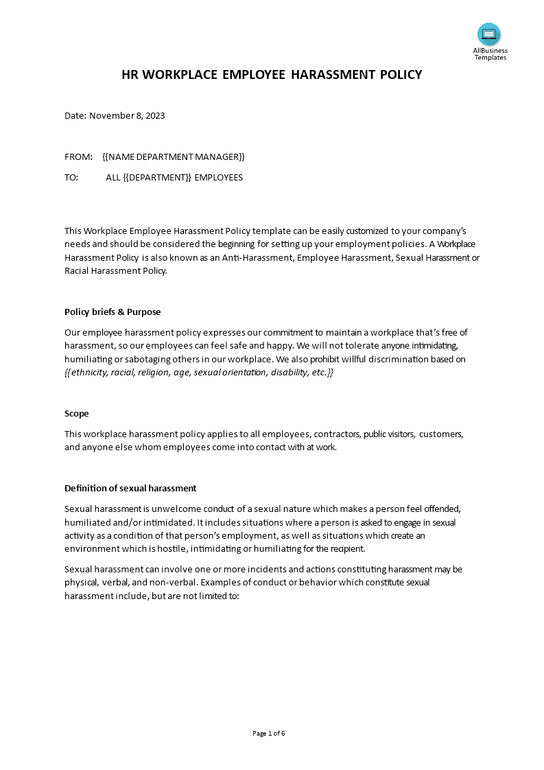hr sexual harassment policy template