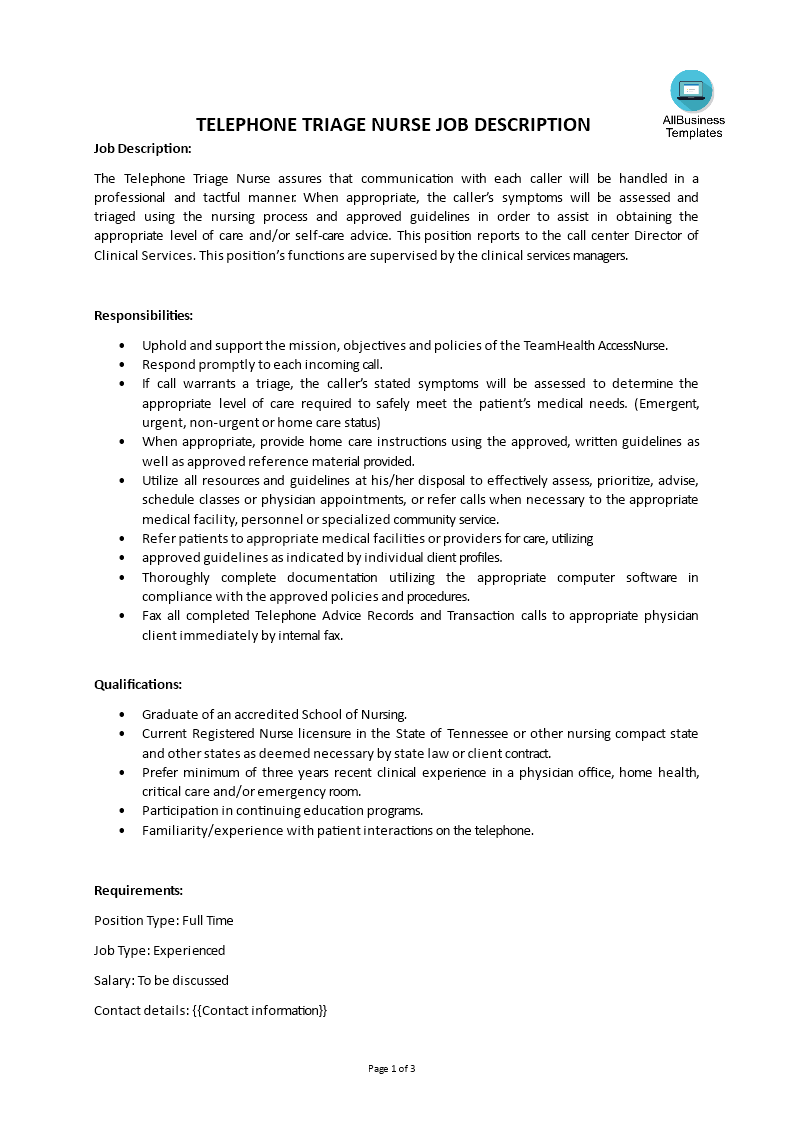 telephone triage nurse job description template