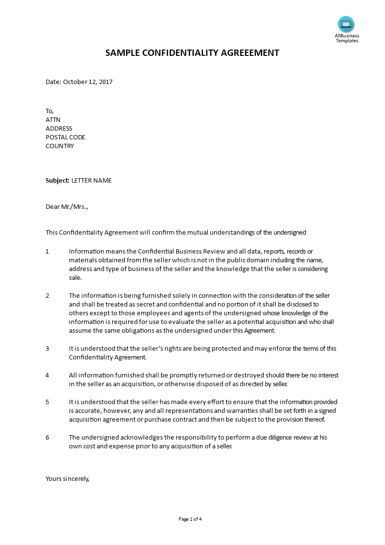 acquisition sample confidential agreement letter template