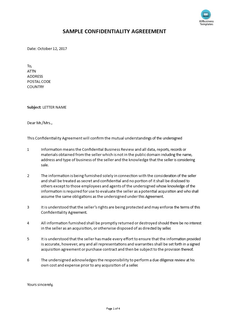 acquisition sample confidential agreement letter voorbeeld afbeelding 