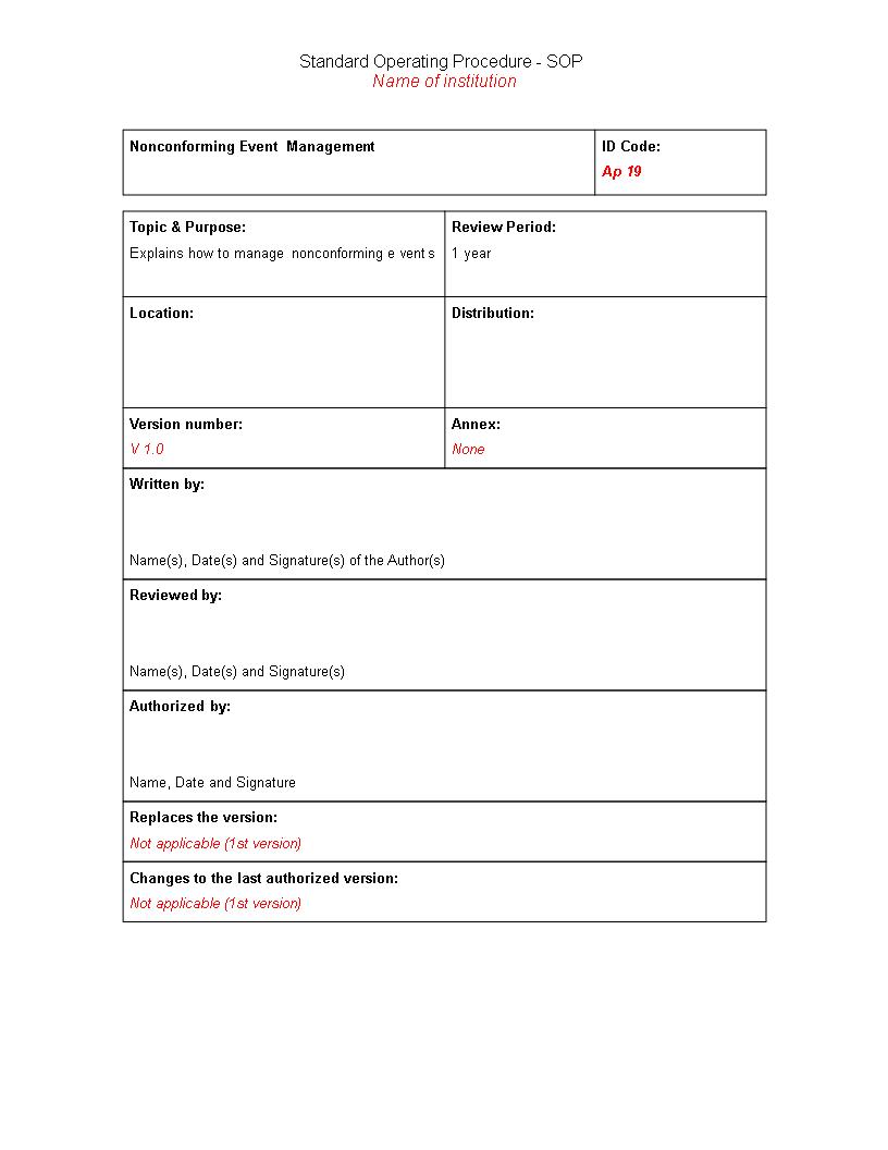 Nonconforming Event Management SOP 模板