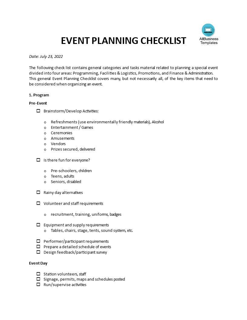 event planner checklist Hauptschablonenbild