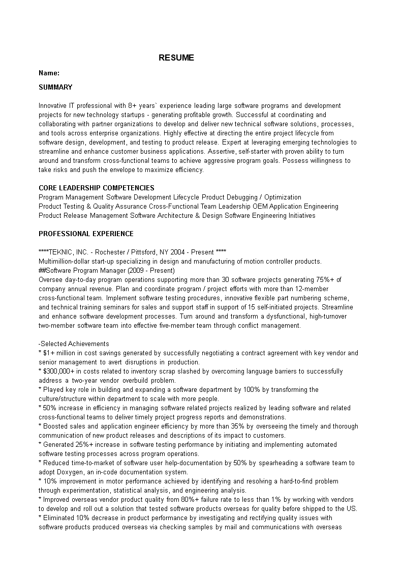 software program manager resume plantilla imagen principal