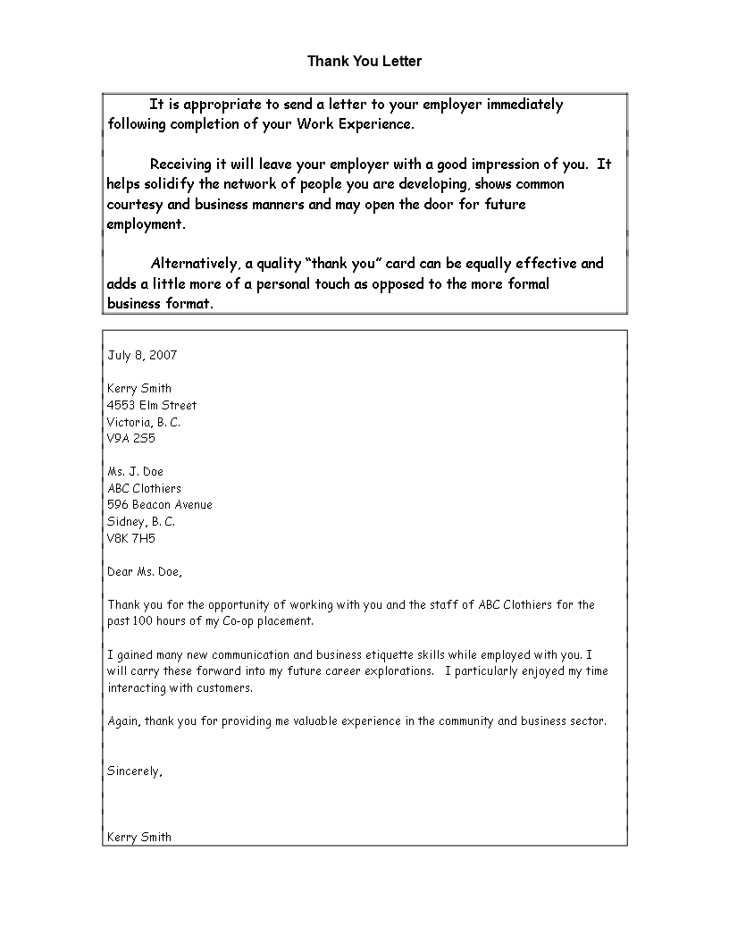 thank you letter to employer template