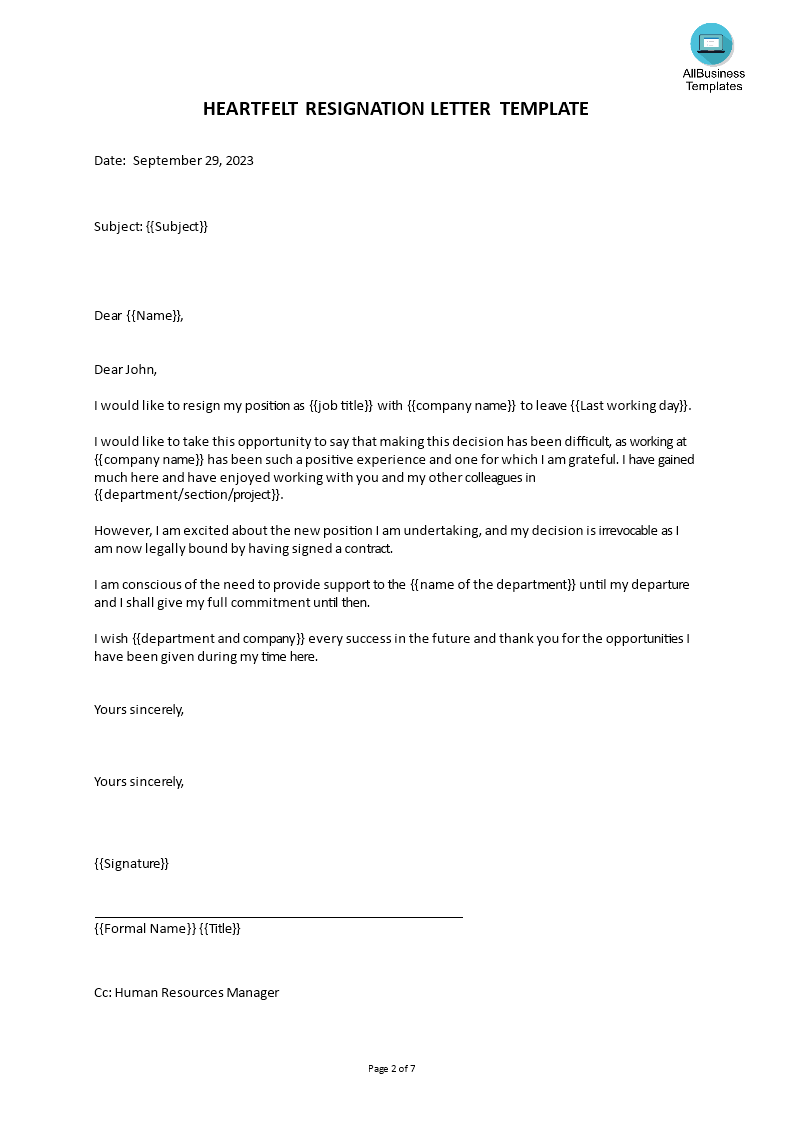 heartfelt resignation letter template