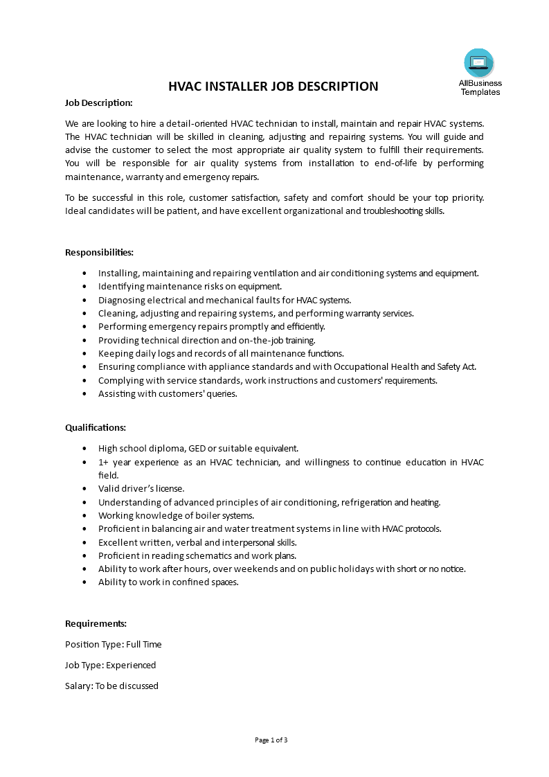 hvac installer job description template