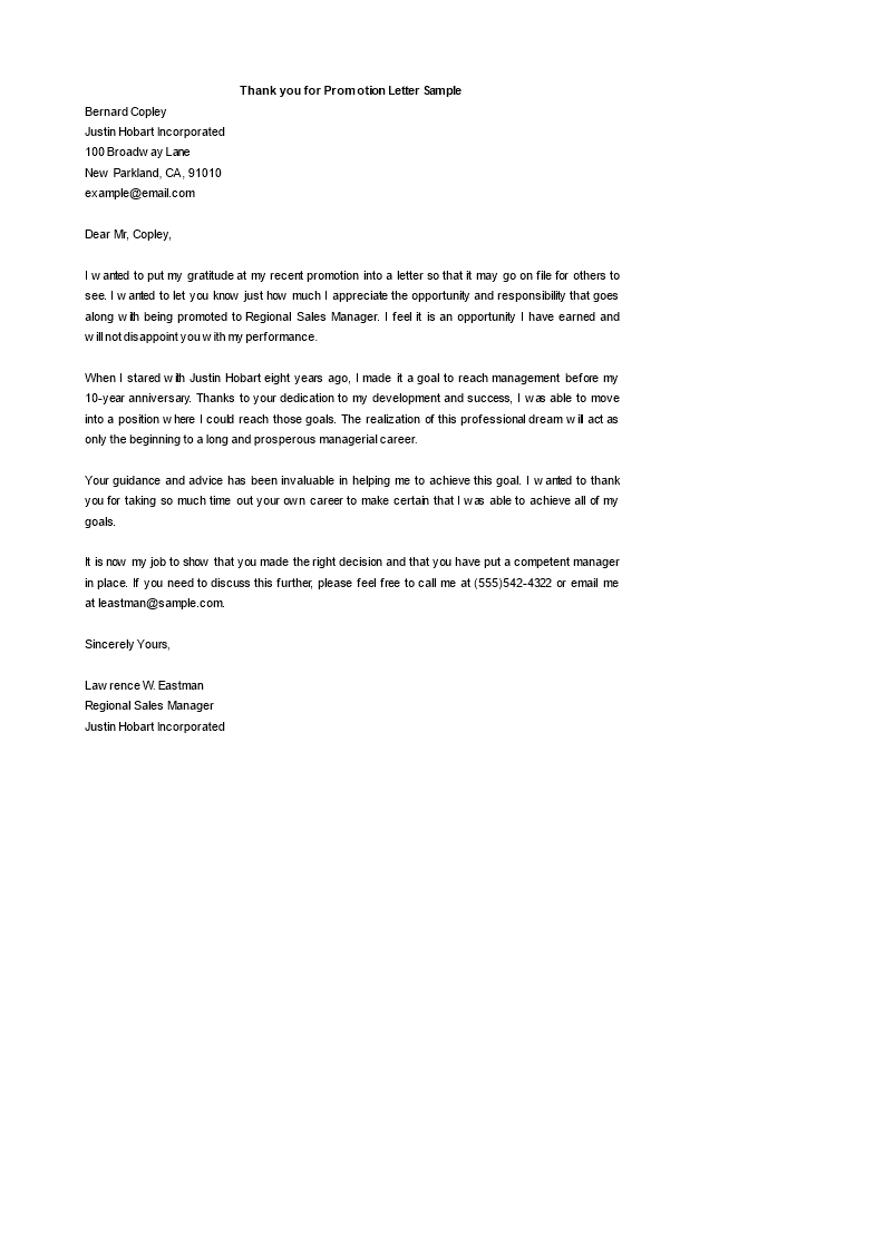 thanks letter for promotion modèles