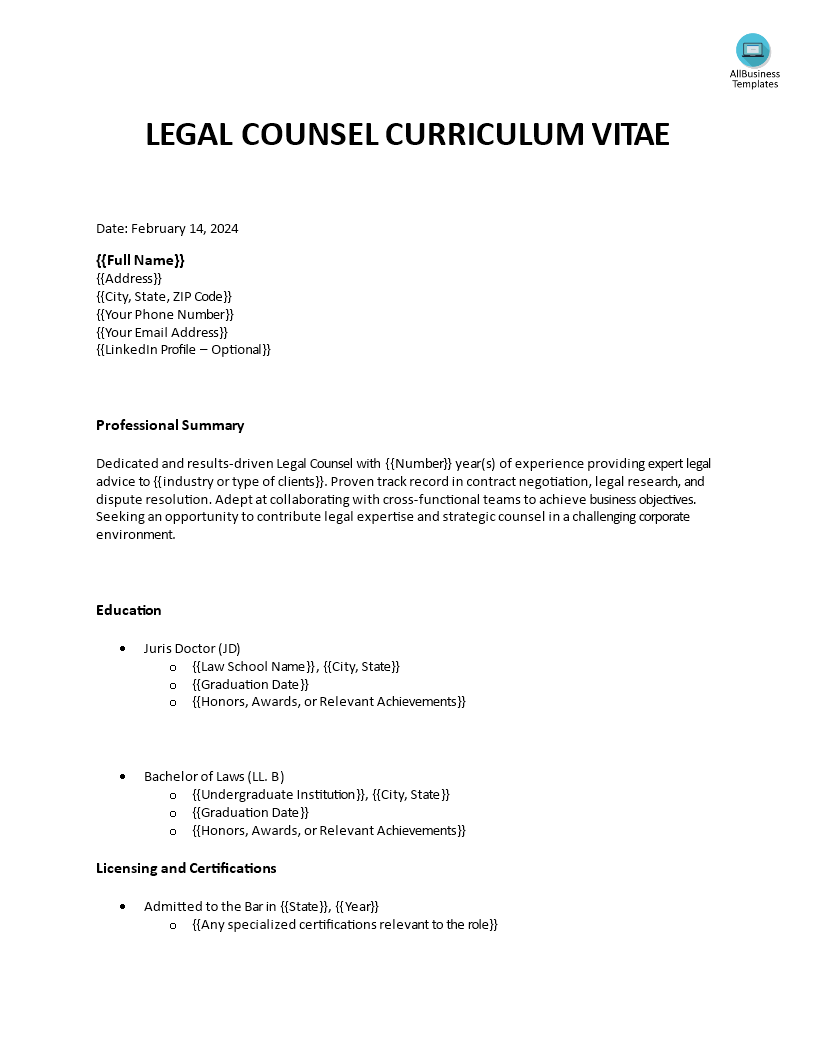 Free Counsel Curriculum Vitae Templates At Allbusinesstemplates Com