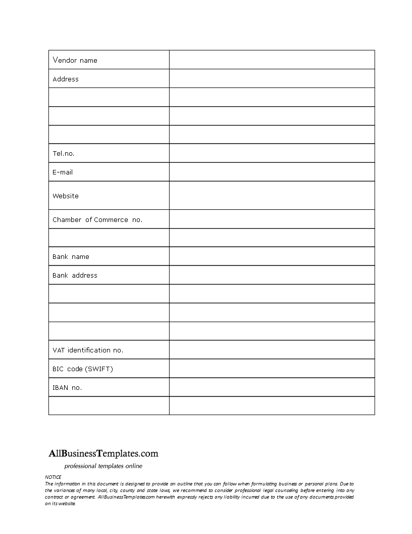 vendorsheet company template template