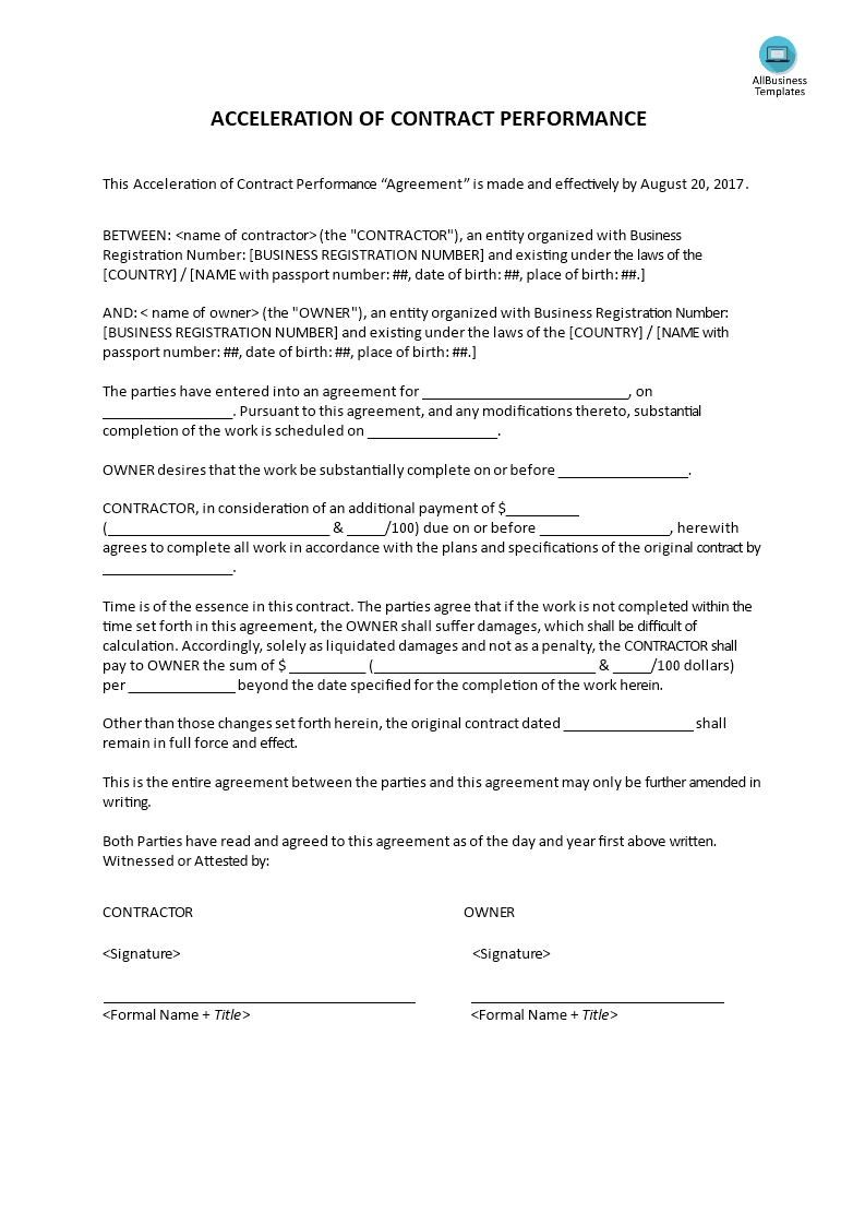 acceleration of contract performance template