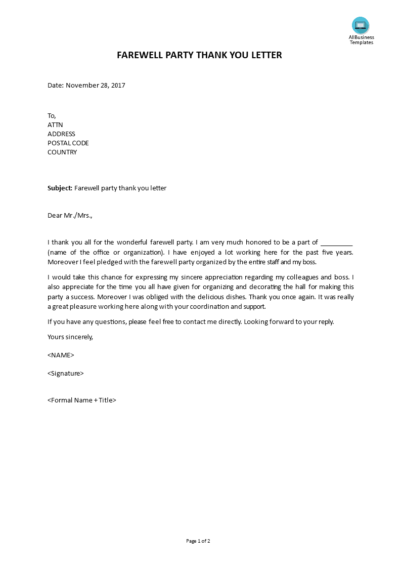 farewell party thank you letter template