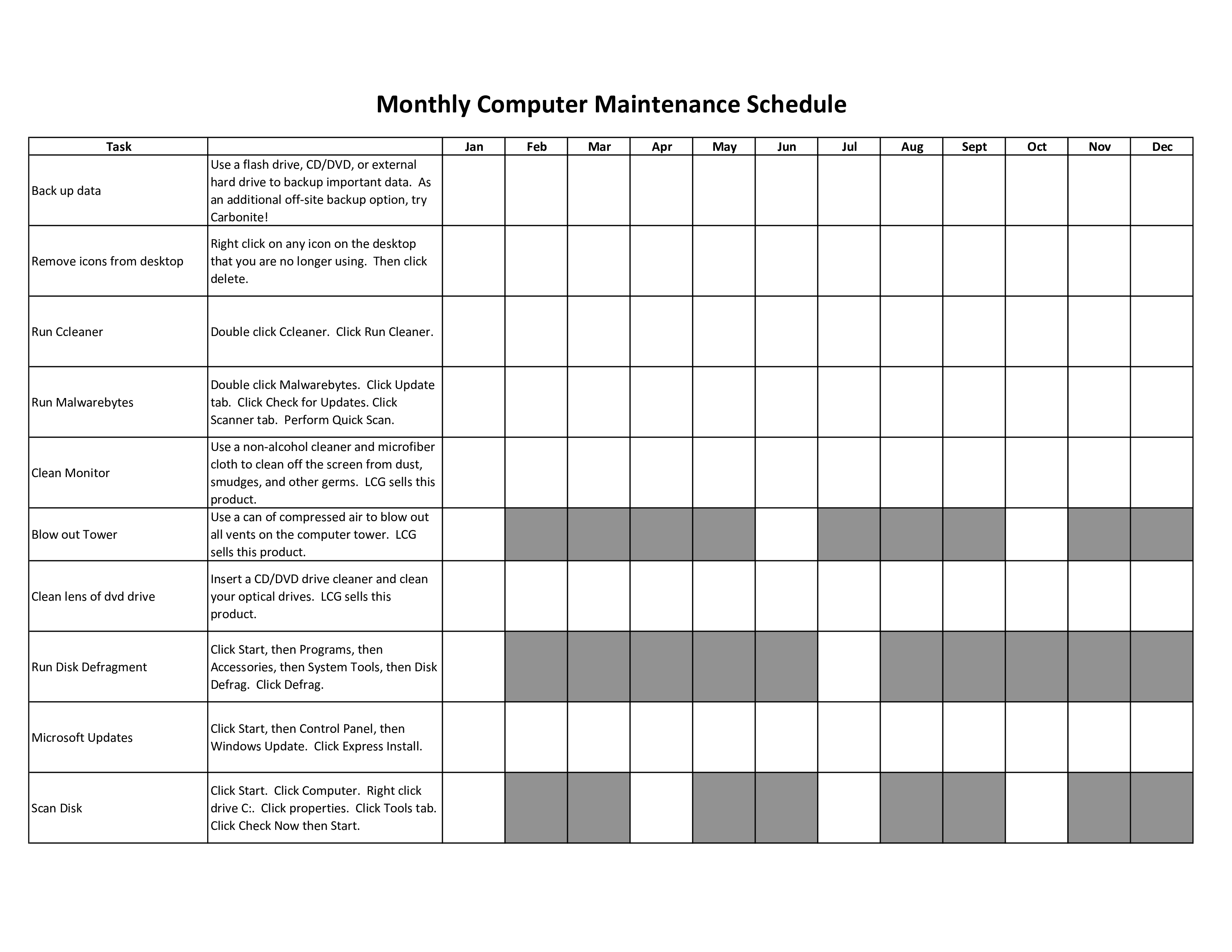 monthly computer maintenance schedule Hauptschablonenbild