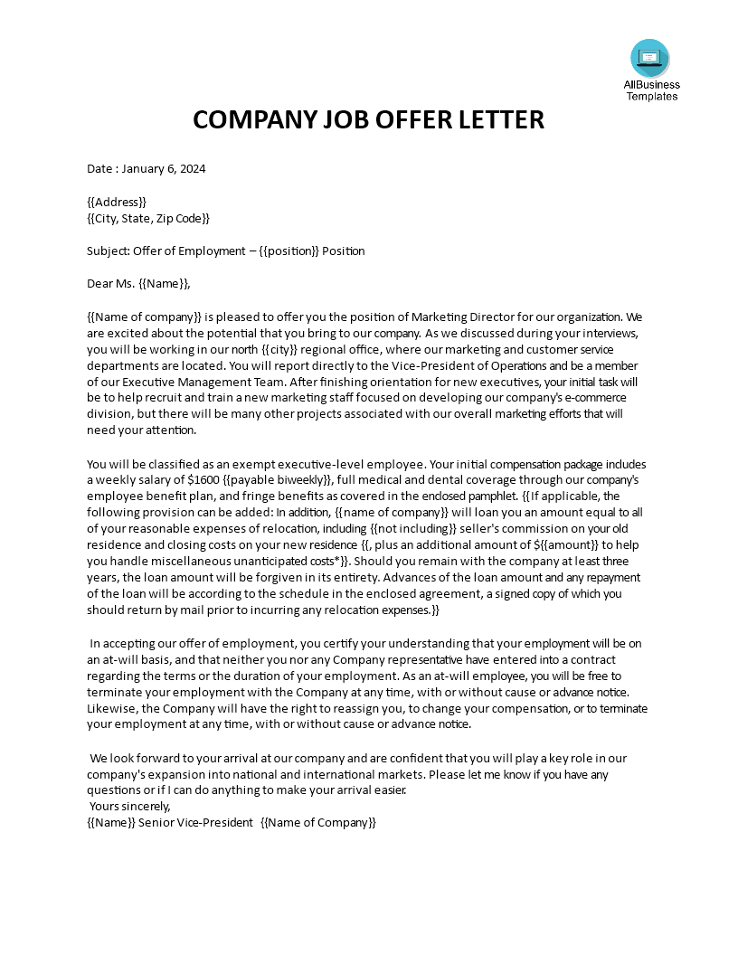 company job offer letter template template