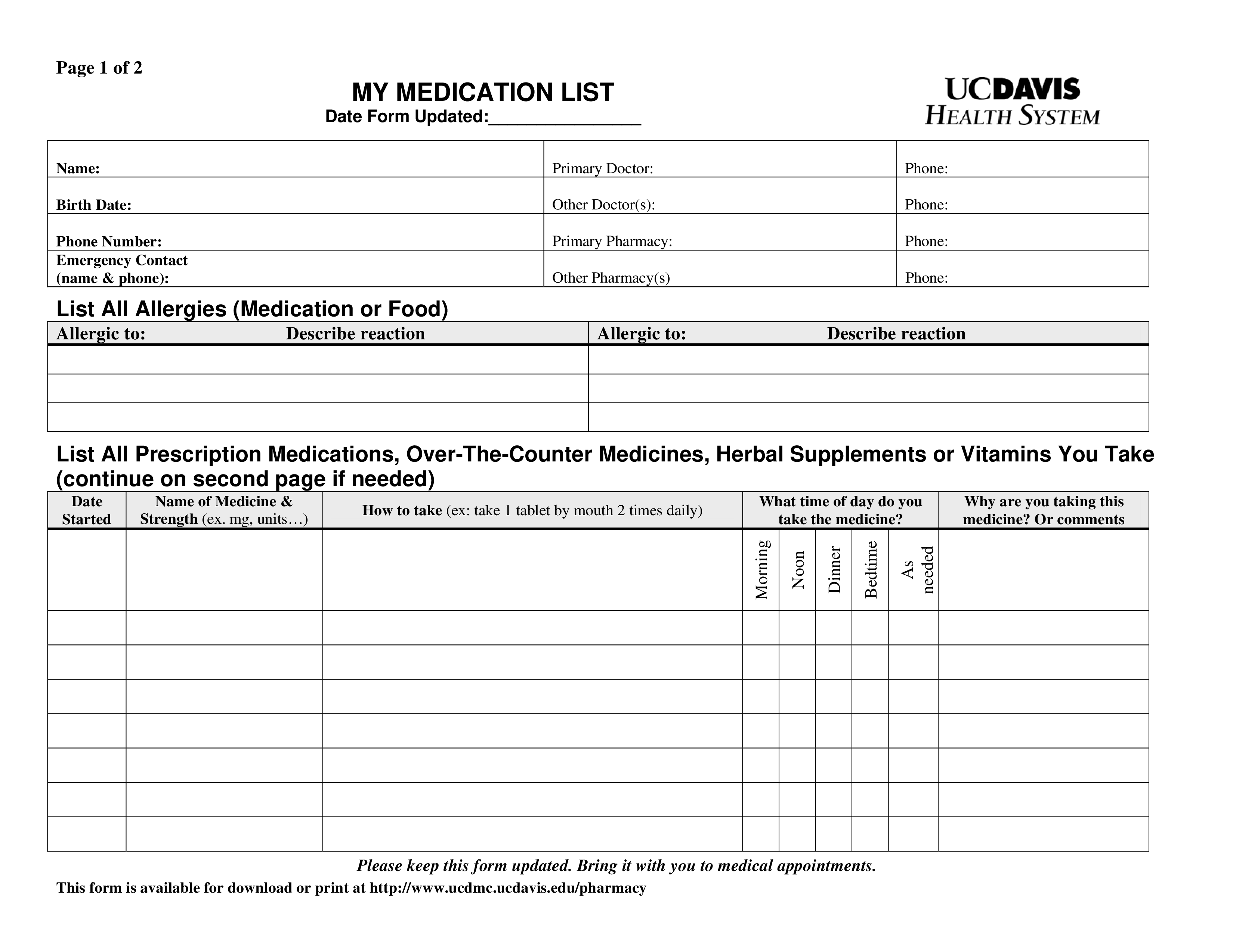 Blank Medication List Templates