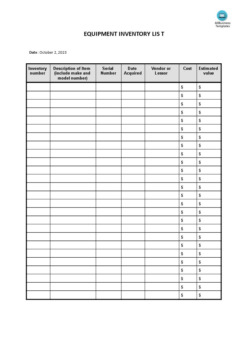 Equipment Inventory List Template from www.allbusinesstemplates.com