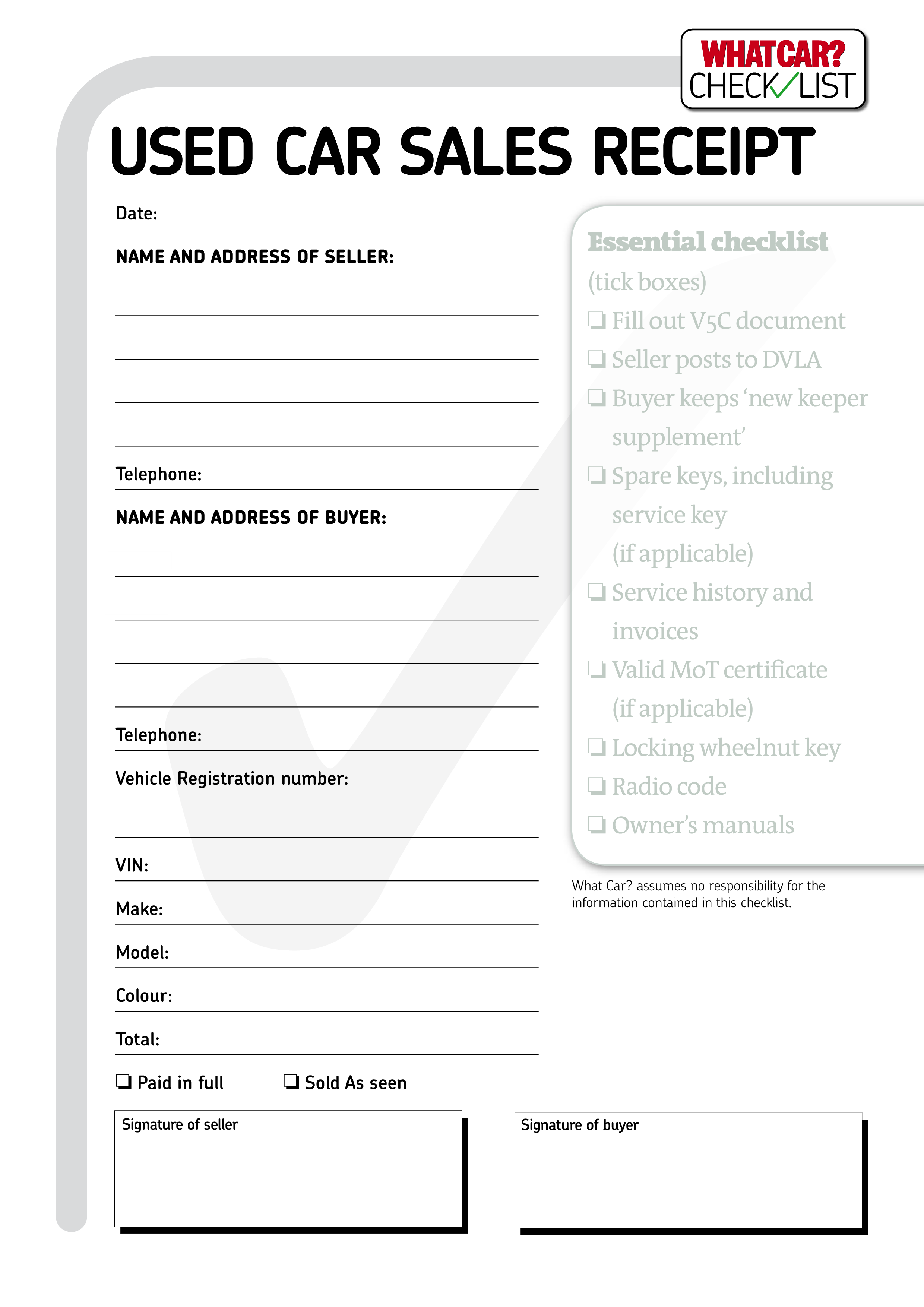 Used Car Sale Receipt main image