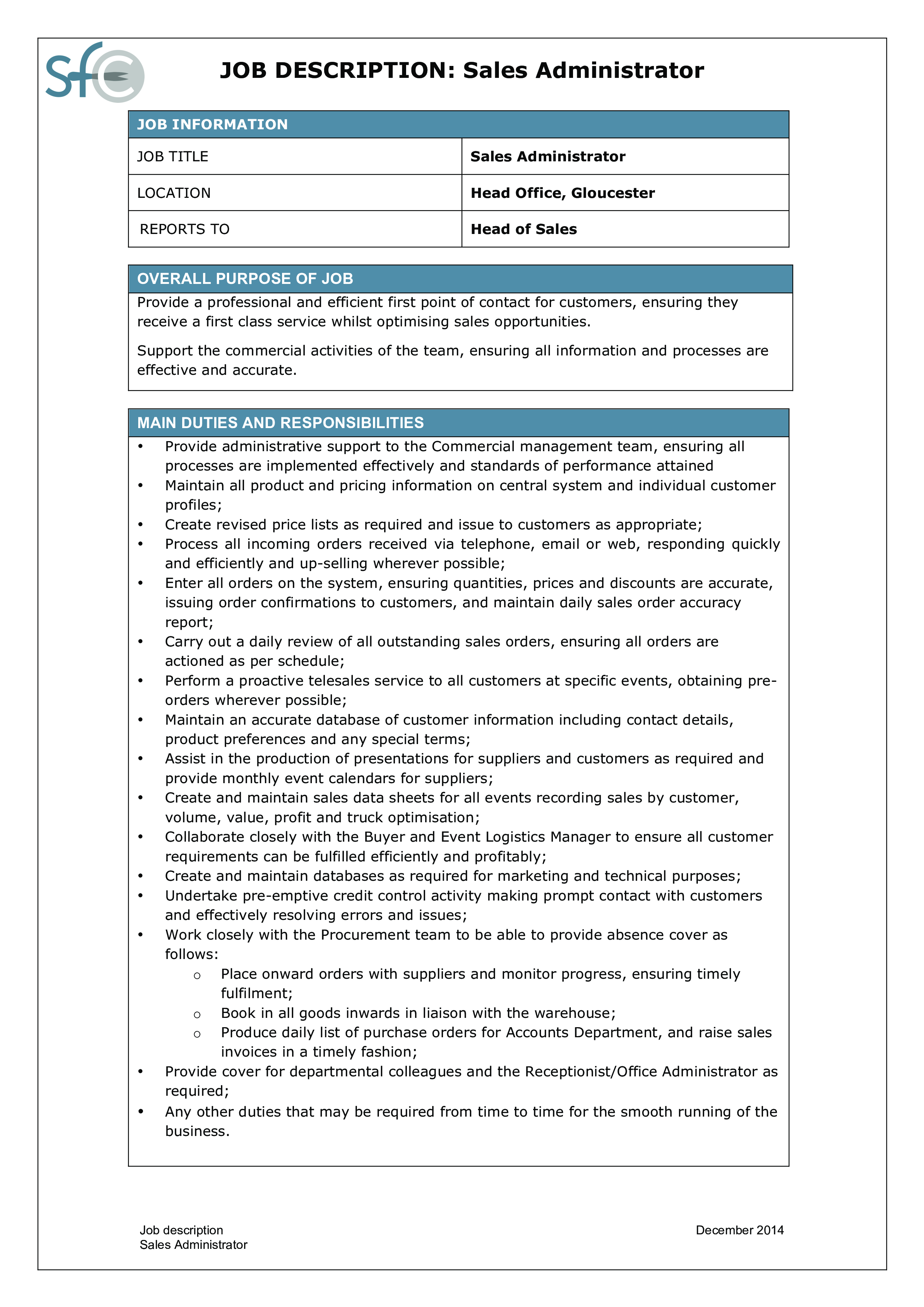 sales administrator job description template