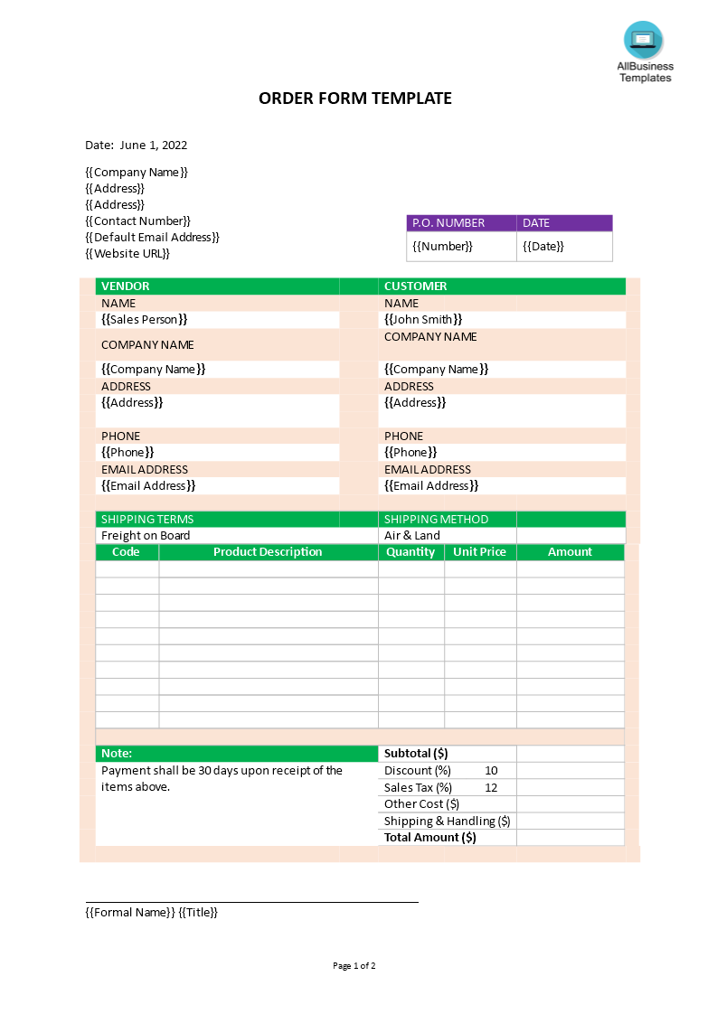 Order Form Template main image