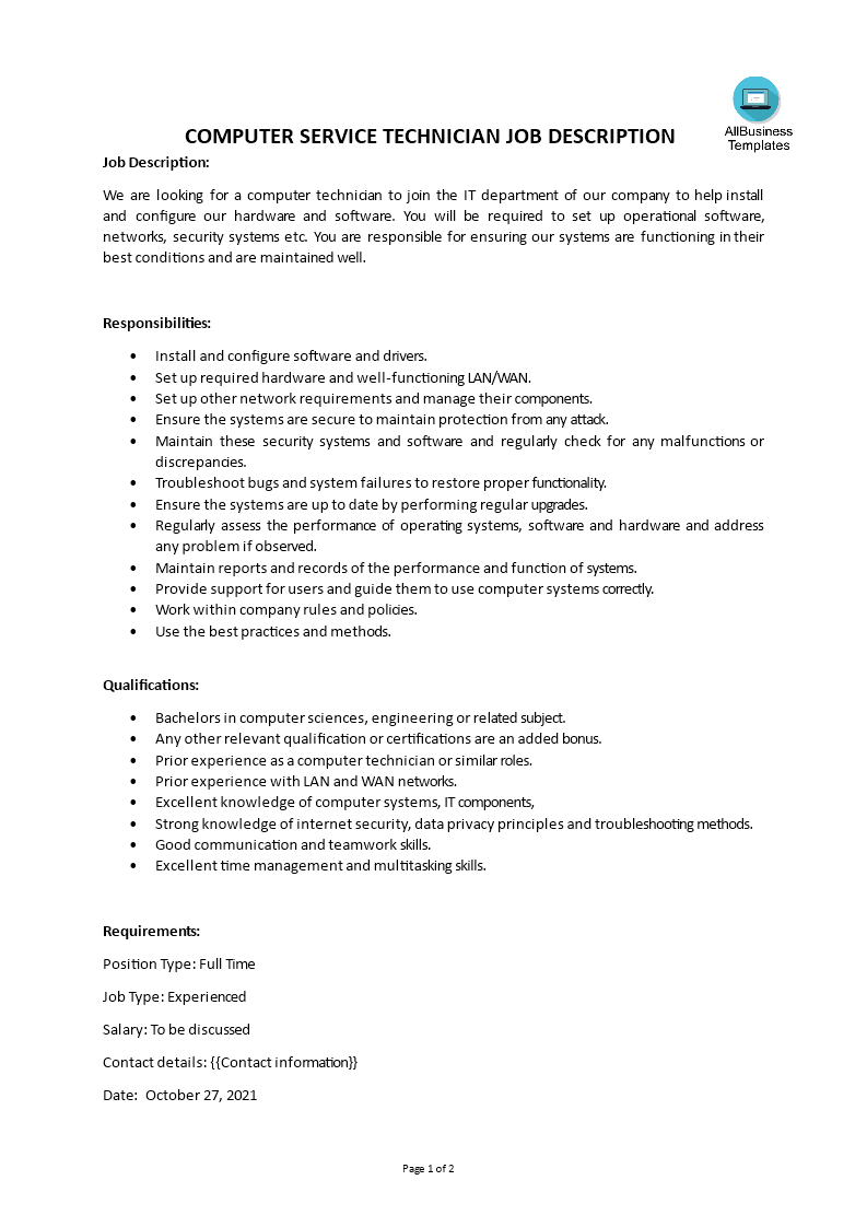 computer service technician job description template