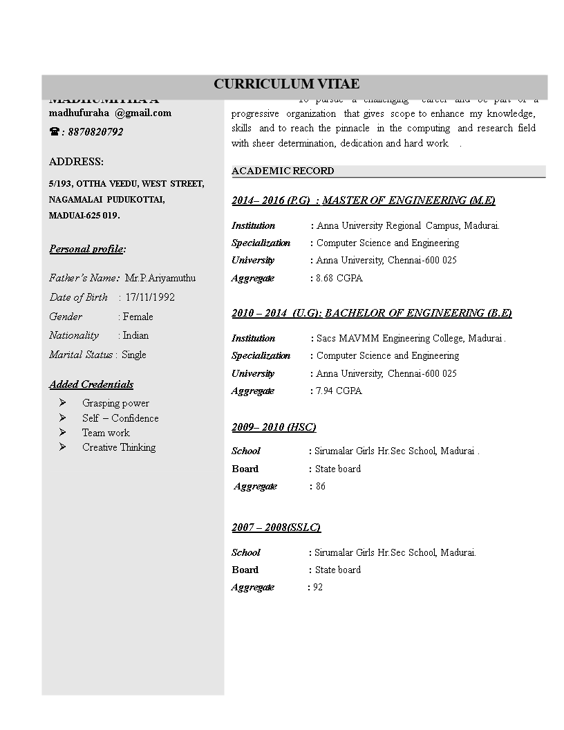 information technology engineering curriculum vitae template