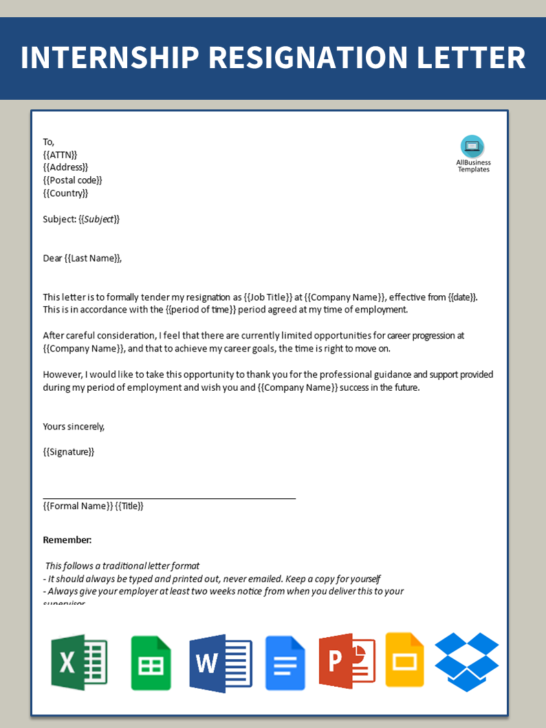 Printable Internship Resignation Letter main image