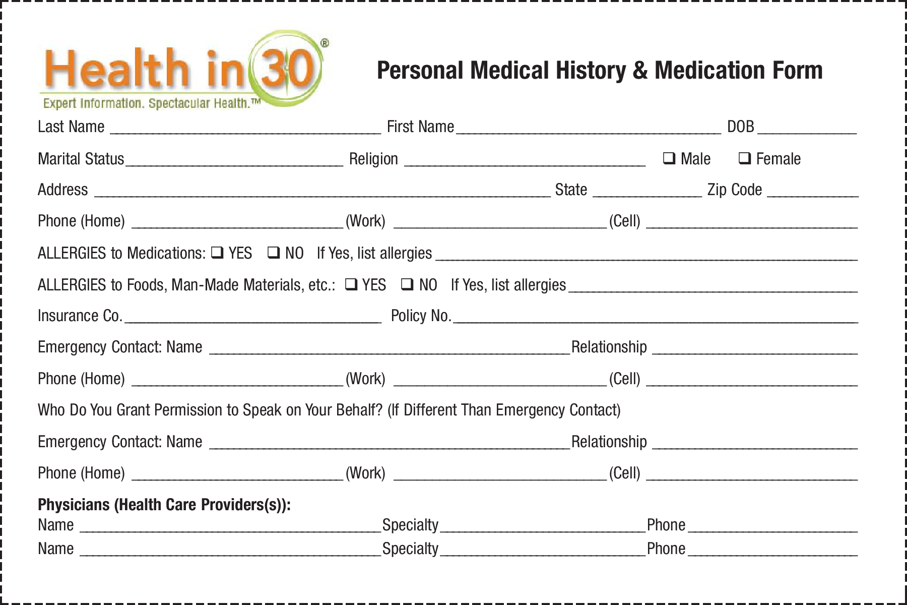 Personal Medical History Form 模板