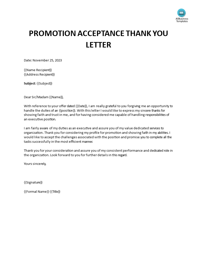 promotion acceptance thank you letter template