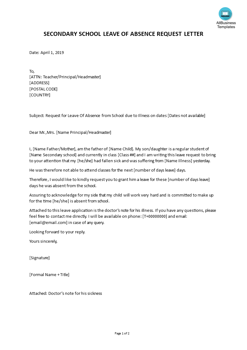 sample letter for leave secondary school template