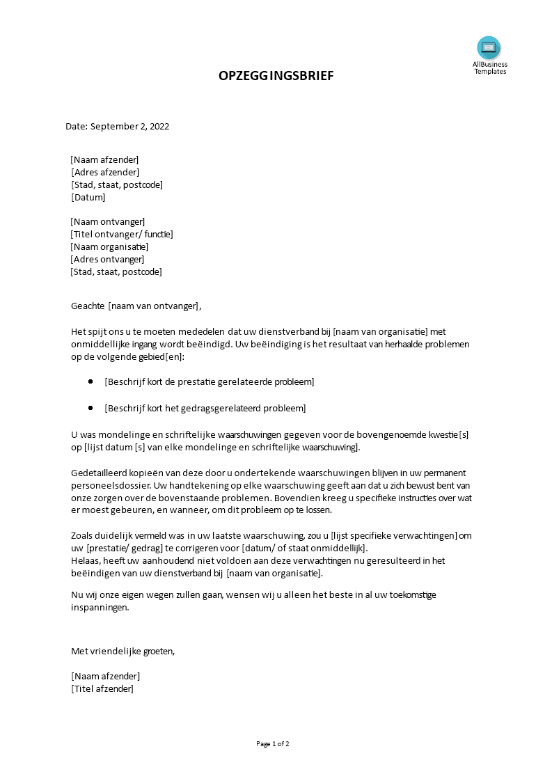 werknemer opzeggingsbrief template voorbeeld afbeelding 