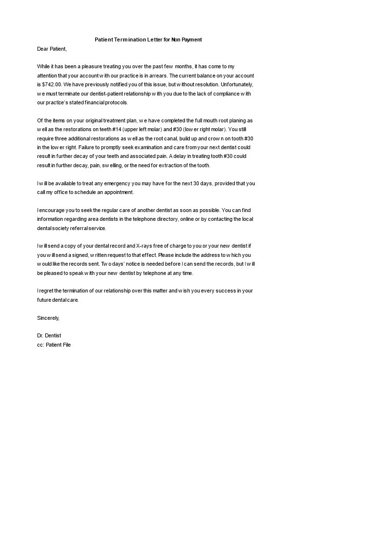 patient termination letter for non payment voorbeeld afbeelding 