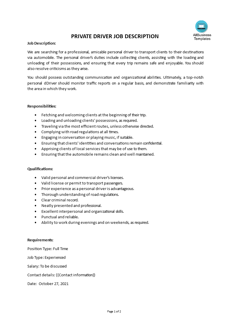 private driver job description plantilla imagen principal