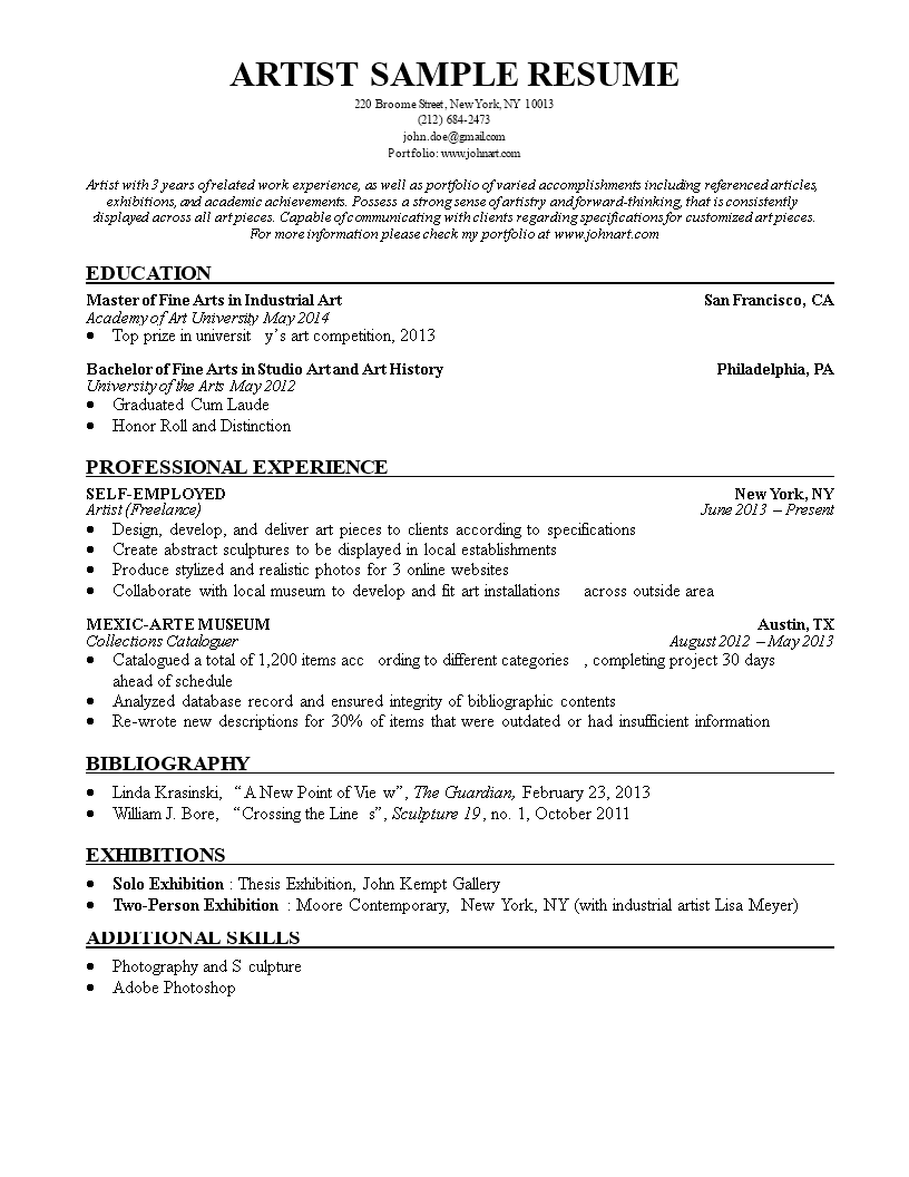 artist resume sample modèles