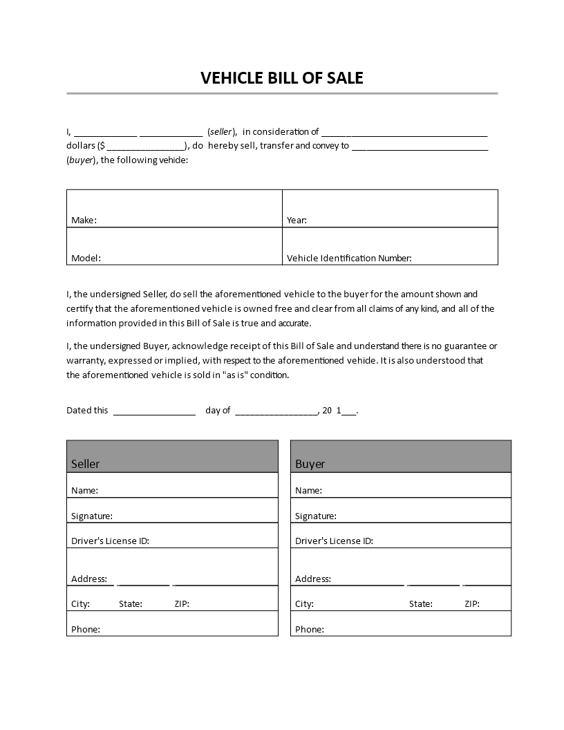 Kostenloses Vehicle Bill of Sale With Vehicle Bill Of Sale Template Word