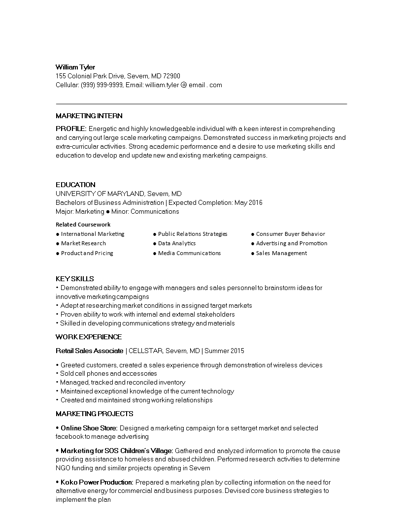 marketing internship student resume modèles