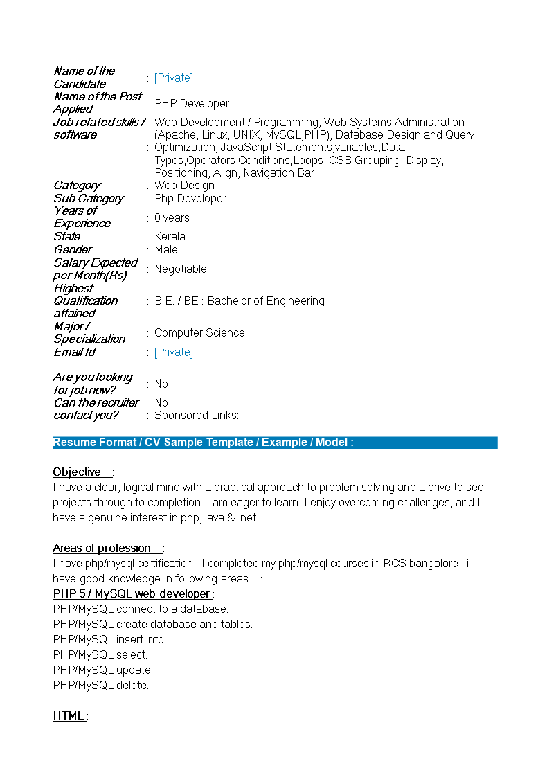 php fresher resume format template