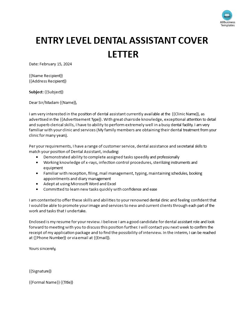 Entry Level Dental Assistant Cover Letter main image
