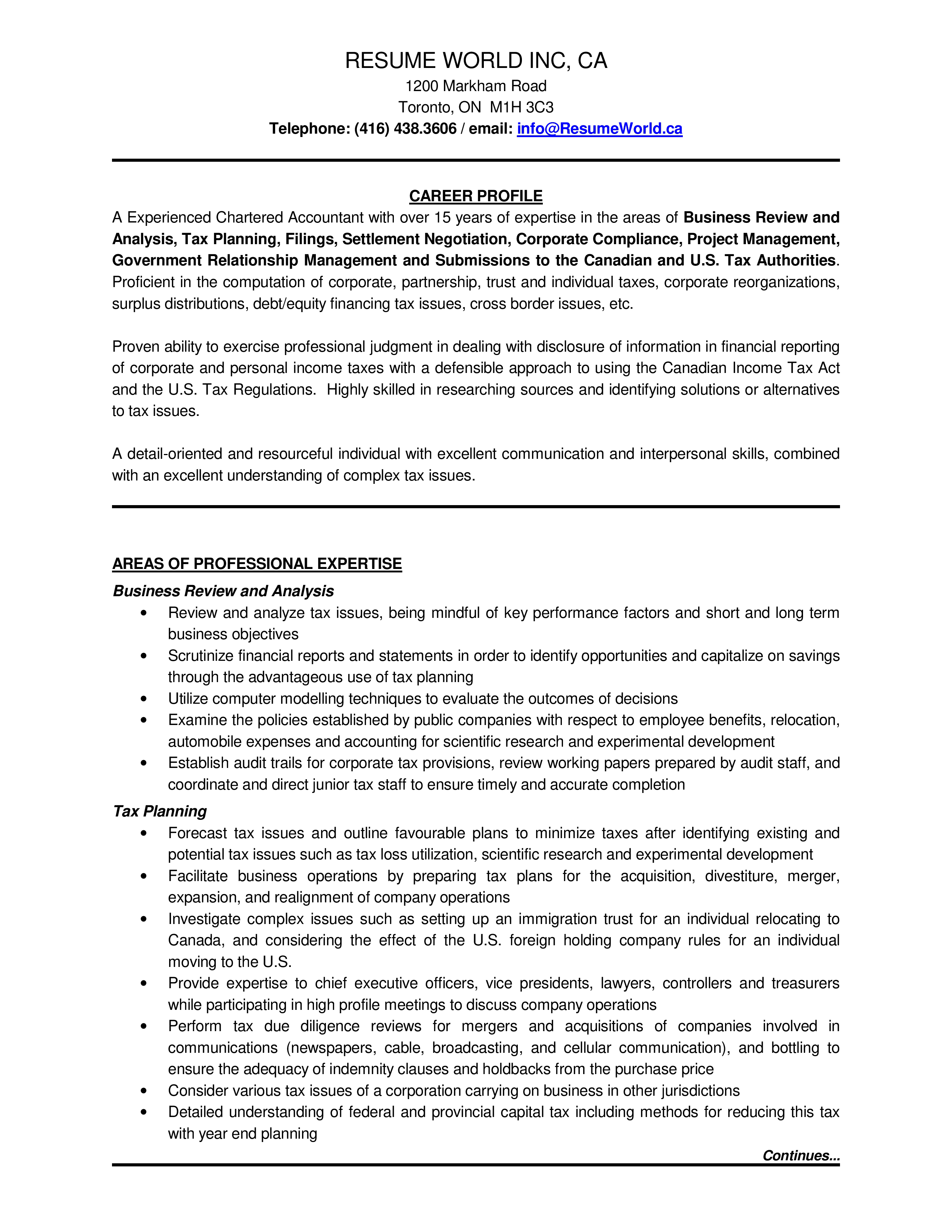 Business Tax Planning Charted Accountant Resume 模板