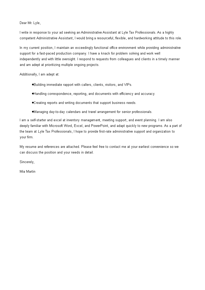 job application letter for professional administrative assistant voorbeeld afbeelding 
