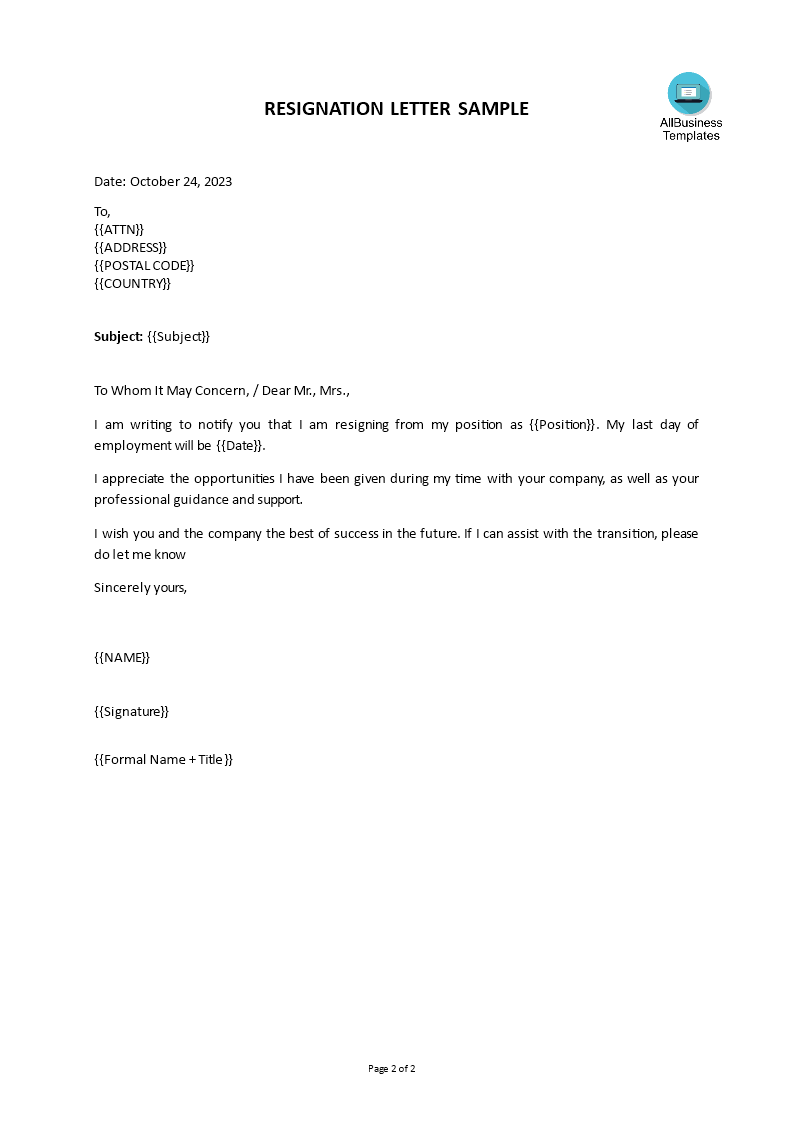 Official Thank You Resignation Letter | Templates at ...