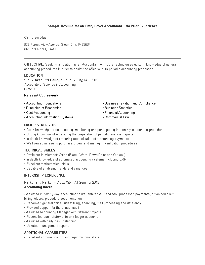 sample resume for accounting job with no experience