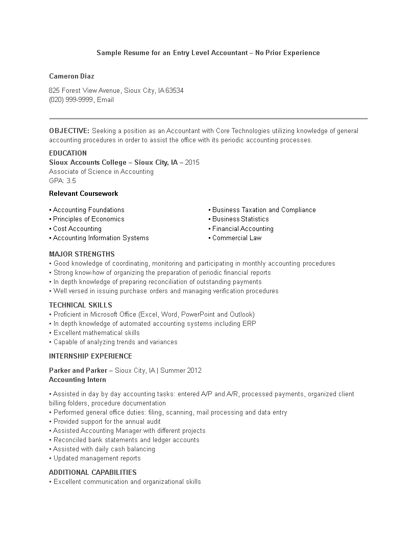 Junior Accountant Resume No Experience 模板