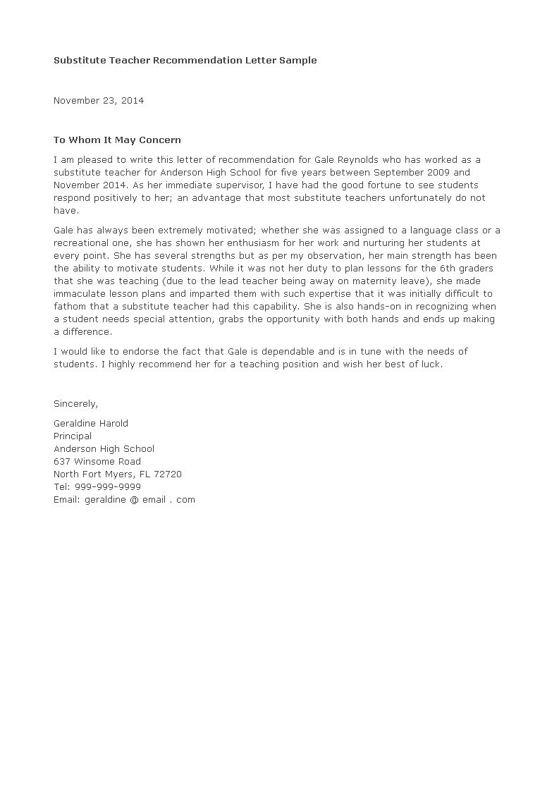 letter of recommendation for substitute teacher voorbeeld afbeelding 